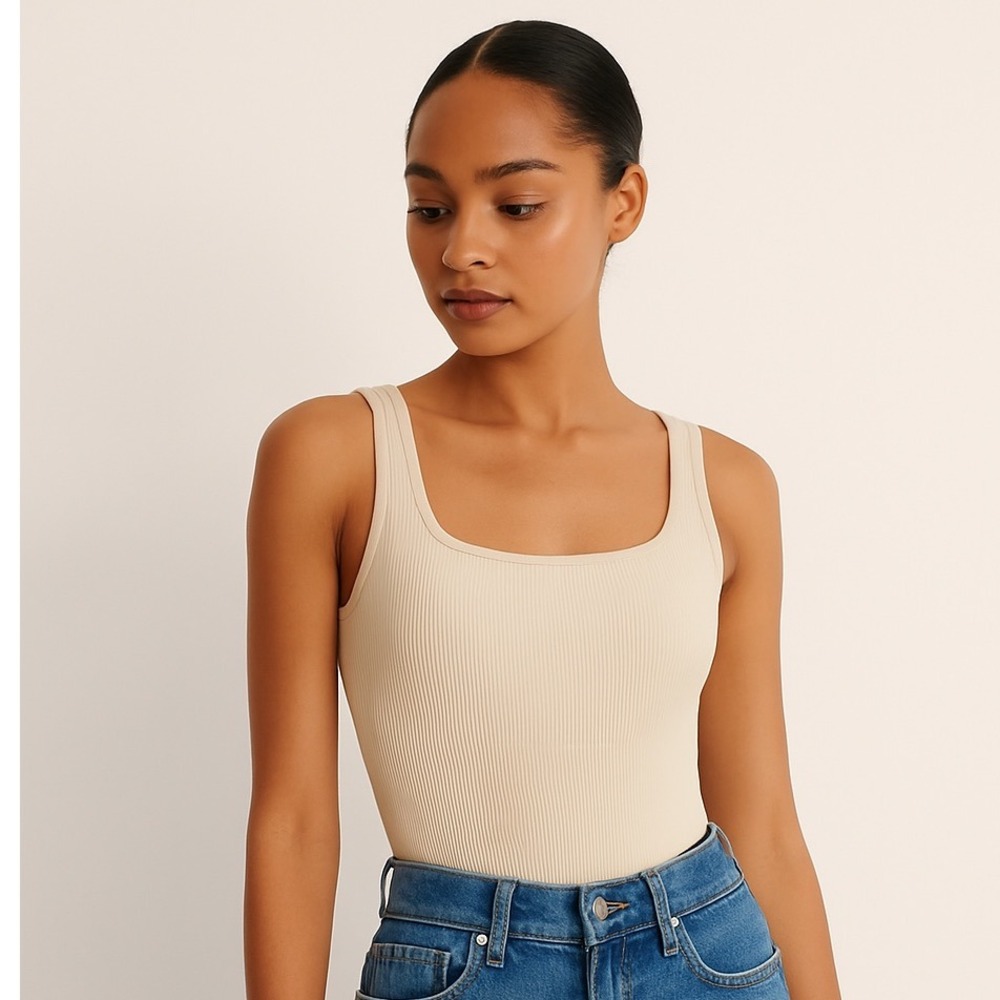 Neutral Ribbed Seamless‎ Medium Bodysuit Top | Capsule Wardrobe Essential Beige